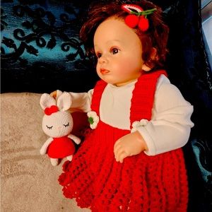 Baby Girl Knitting Red Dress suit with white T-shirt , Headband,rabbit Amigurumi